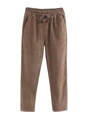 IXIMO 100% Linen Drawstring Elastic Waist Tapered Pants Dark Khaki Size Small